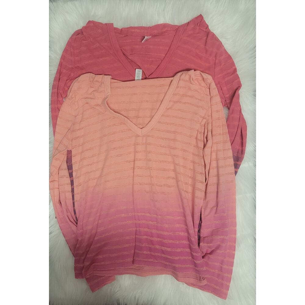 Women's Ombre Stripe Long Sleeve Deep V-Neck Hooded Shirt Bundle Size L Pink